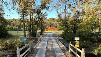 Un pont en bois, agrémenté d’un panneau indiquant la vitesse maximale autorisée, entouré d’arbres et surplombant un ciel dégagé.