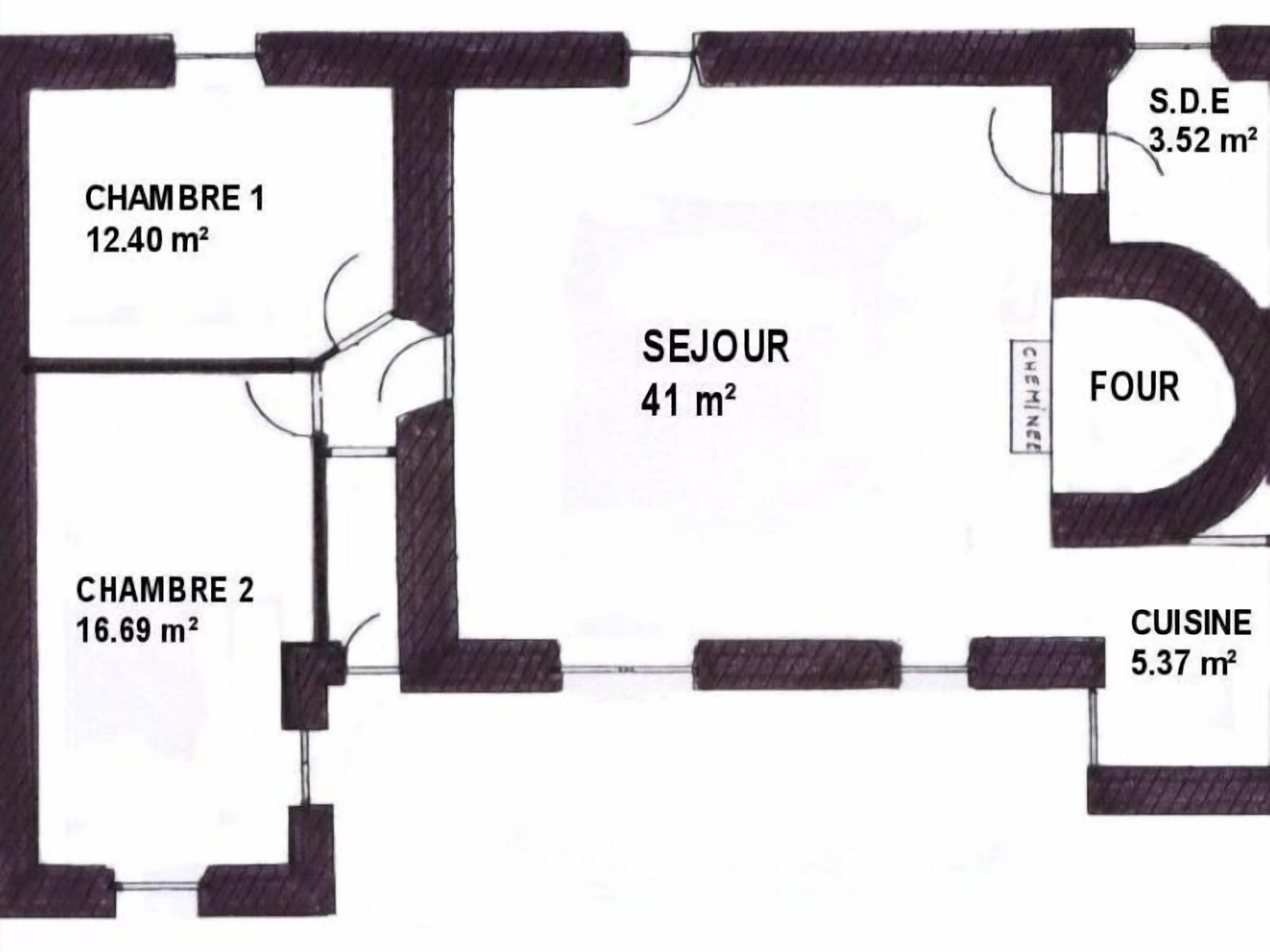 A hotel floor plan with two bedrooms, a living room, a kitchen, and a bathroom.