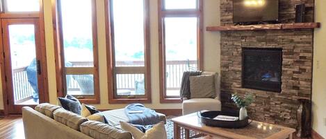 TV, fireplace, table football, books