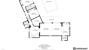 A floor plan of a property with a covered patio, dining area, kitchen, living room, foyer, two bedrooms, two bathrooms, and a swimming pool. - Colina - modern 3 bedroom villa close to town/beaches (Moraira)