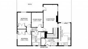 A floor plan of a house with a patio, two bedrooms, a living room, a store room, a kitchen, a laundry room, a bathroom, and a hallway.