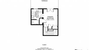 A floor plan of a property with a terrace, a primary bedroom measuring 3.30m x 4.27m, and a bathroom measuring 2.38m x 3.3m.