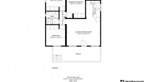 Un plan d’étage d’un appartement d’une chambre, comprenant un salon/salle à manger, une chambre principale et une salle de bain.
