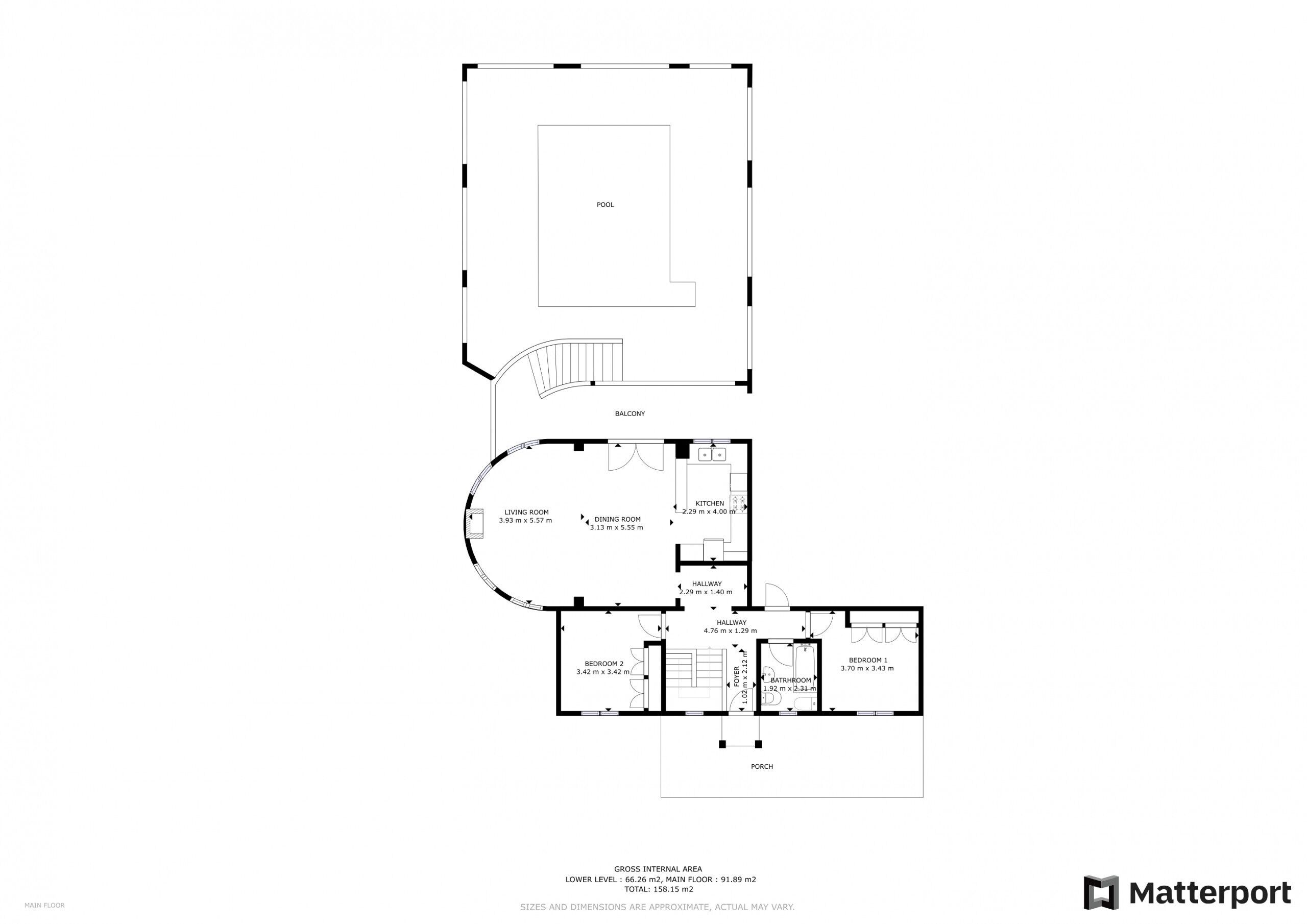 Plano de una casa que incluye piscina, sala de estar, comedor, cocina, dos dormitorios, dos baños, pasillo y porche.