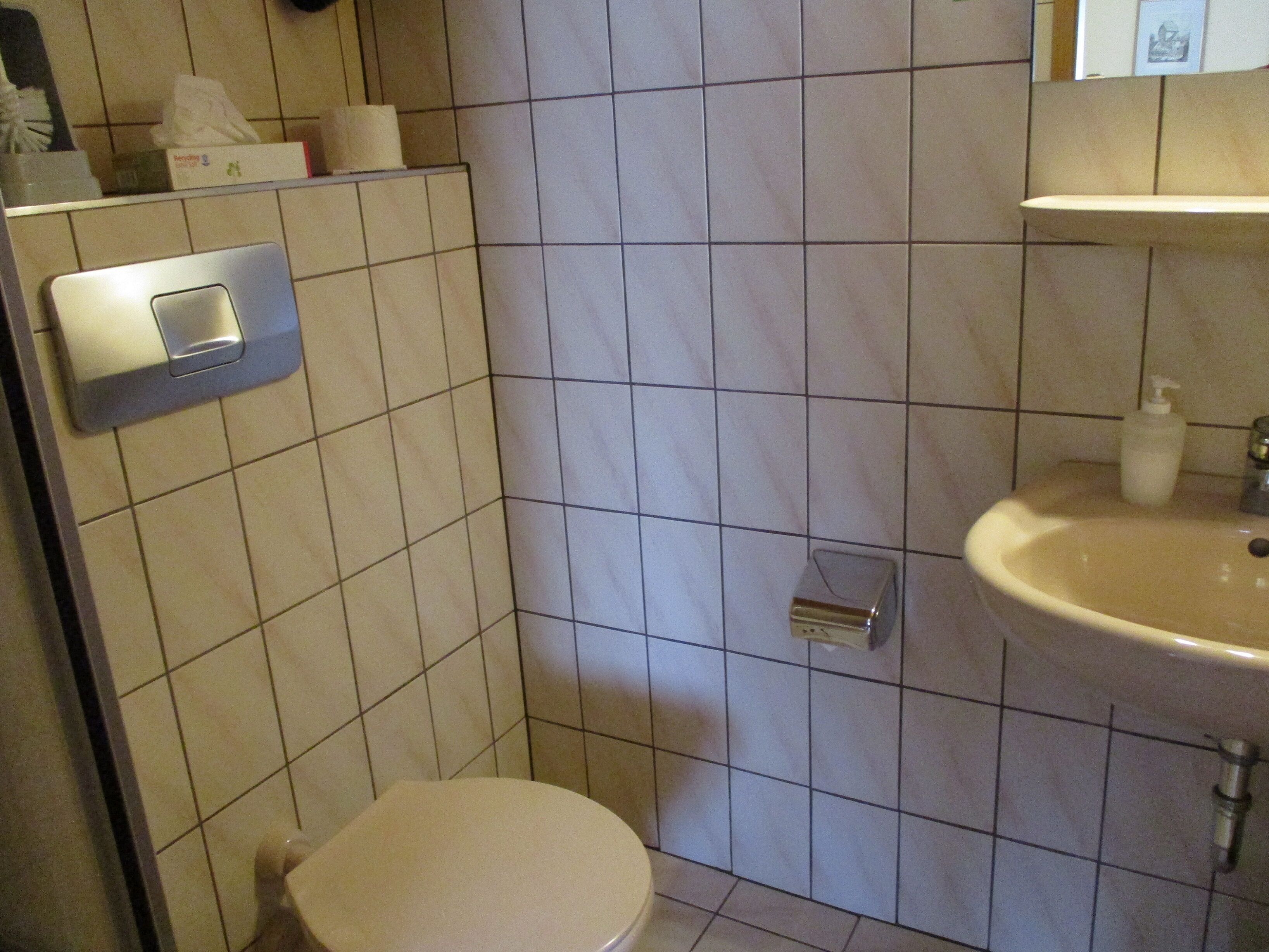 Une petite salle de bain avec des toilettes, un lavabo et un sèche-mains.