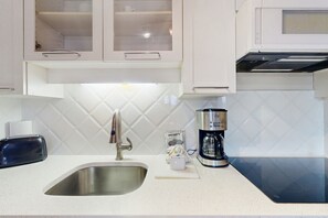 Microwave, stovetop, coffee/tea maker, toaster