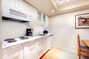 Microwave, stovetop, coffee/tea maker, toaster