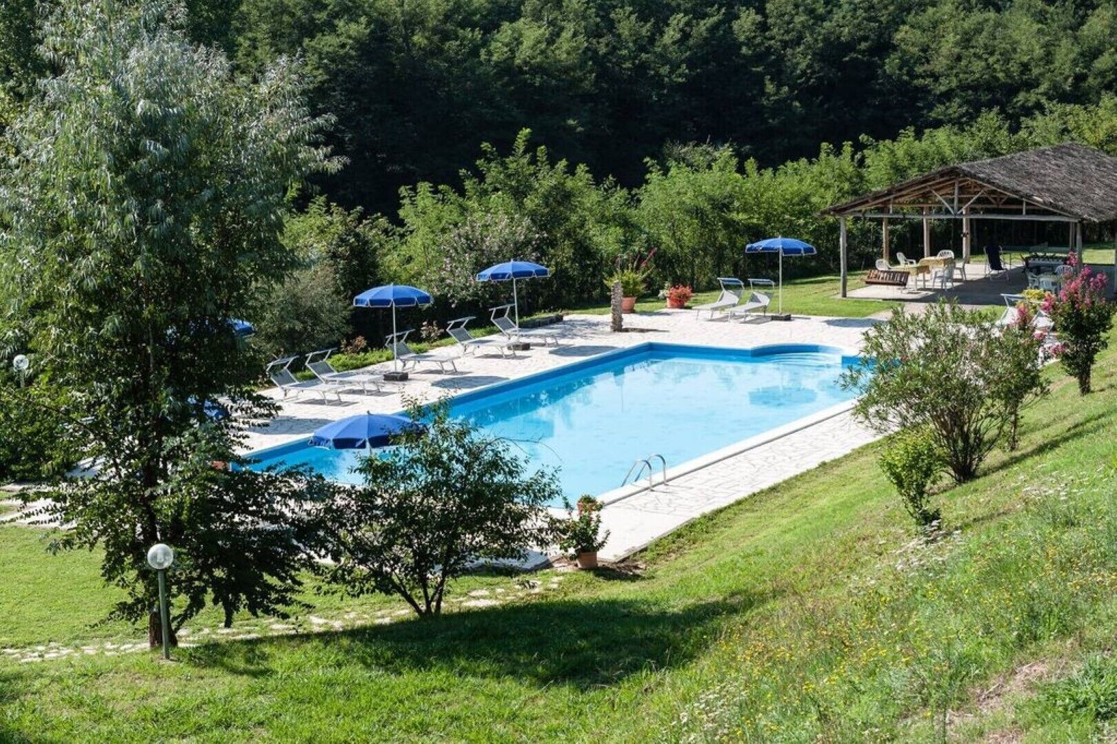 A rectangular swimming pool with a tiled deck, surrounded by lounge chairs and umbrellas.