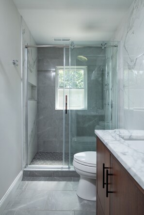 Hair dryer, towels, soap, toilet paper