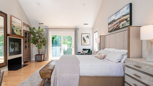 A bedroom with a large bed, a TV, a plant, and a view of the outdoors.