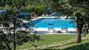 Ein rechteckiger Swimmingpool mit blauem Wasser, umgeben von einer Rasenfläche und Bäumen. Zwei Liegestühle und ein blauer Sonnenschirm befinden sich in der Nähe des Pools.