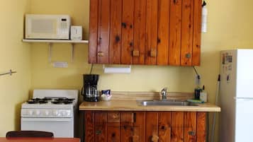 Una cocina compacta con armarios de madera, microondas, estufa, fregadero y refrigerador.