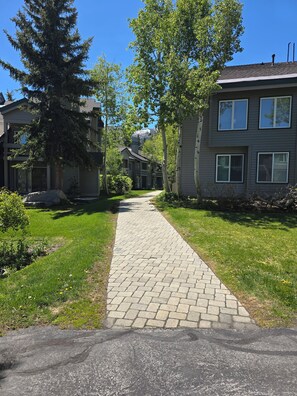 Una calle residencial con casas, un sendero pavimentado y árboles.