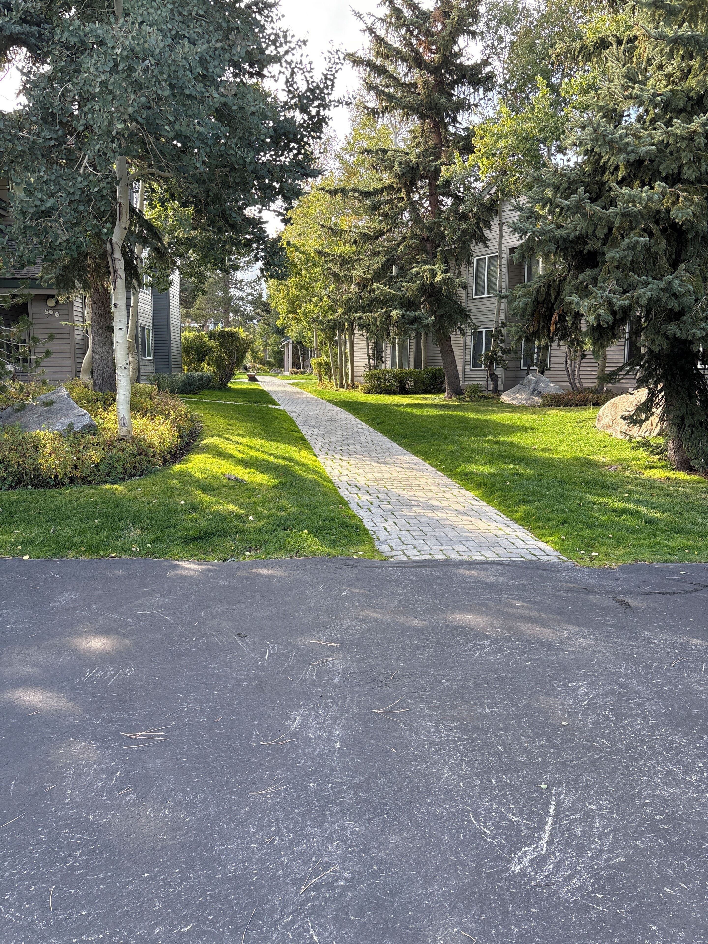 Una calle residencial con casas, un camino pavimentado y un espacio con césped.