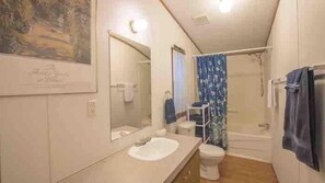 Hair dryer, towels, soap, shampoo