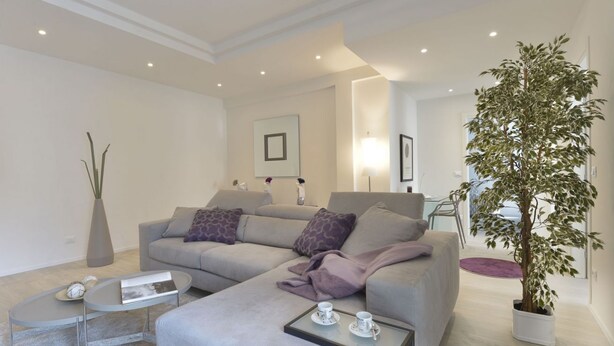 Ein modernes Wohnzimmer mit grauem Sofa, einem Couchtisch und einer Topfpflanze.