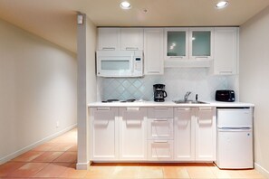 Microwave, stovetop, coffee/tea maker, toaster