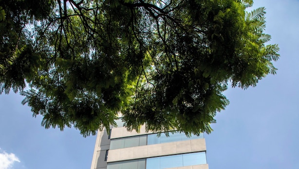 Un edificio de varios pisos con un diseño moderno, que cuenta con techo plano y amplios ventanales.
