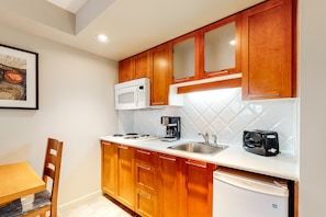 Microwave, stovetop, coffee/tea maker, toaster