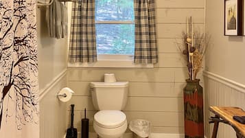 Combined shower/tub, hair dryer, towels, soap