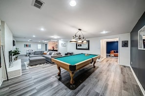 Smart TV, fireplace, table football