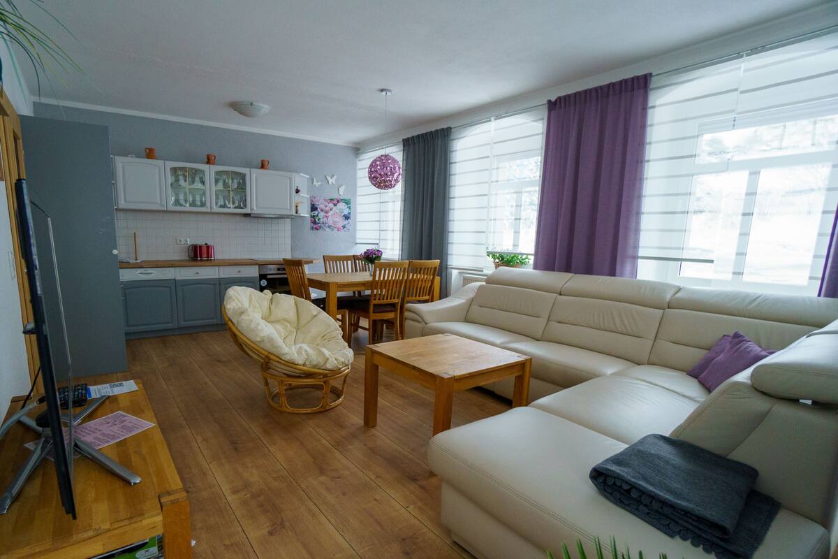 Sala de estar com sofá, mesa de jantar e cadeiras. Possui área de cozinha com armários e janela com cortinas.