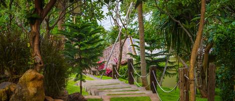 A stone staircase leading up to a building surrounded by lush greenery and trees.