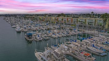 A marina with numerous boats docked, a waterfront promenade, and buildings in the background.