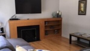 Un salon avec un grand canapé de couleur foncée, un téléviseur à écran plat fixé au mur, un meuble de rangement en bois et une cheminée.