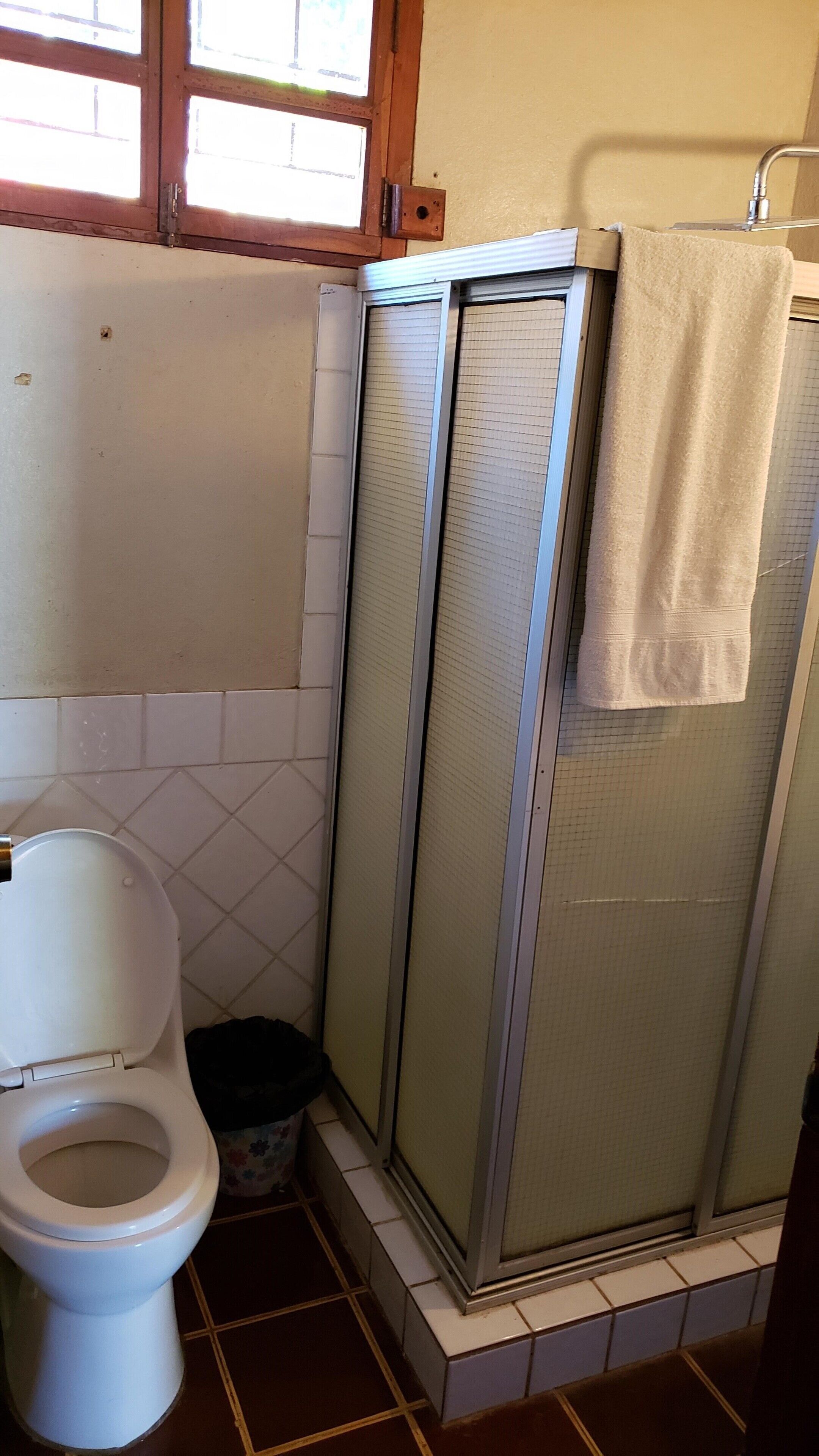 A small bathroom with a toilet, a shower enclosure, and a window above the toilet.