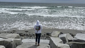 Eine Person steht auf einem felsigen Strand, während Wellen anrollen.