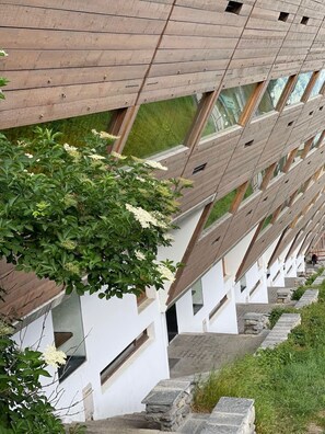 A modern building with a unique wooden slatted facade and large windows.