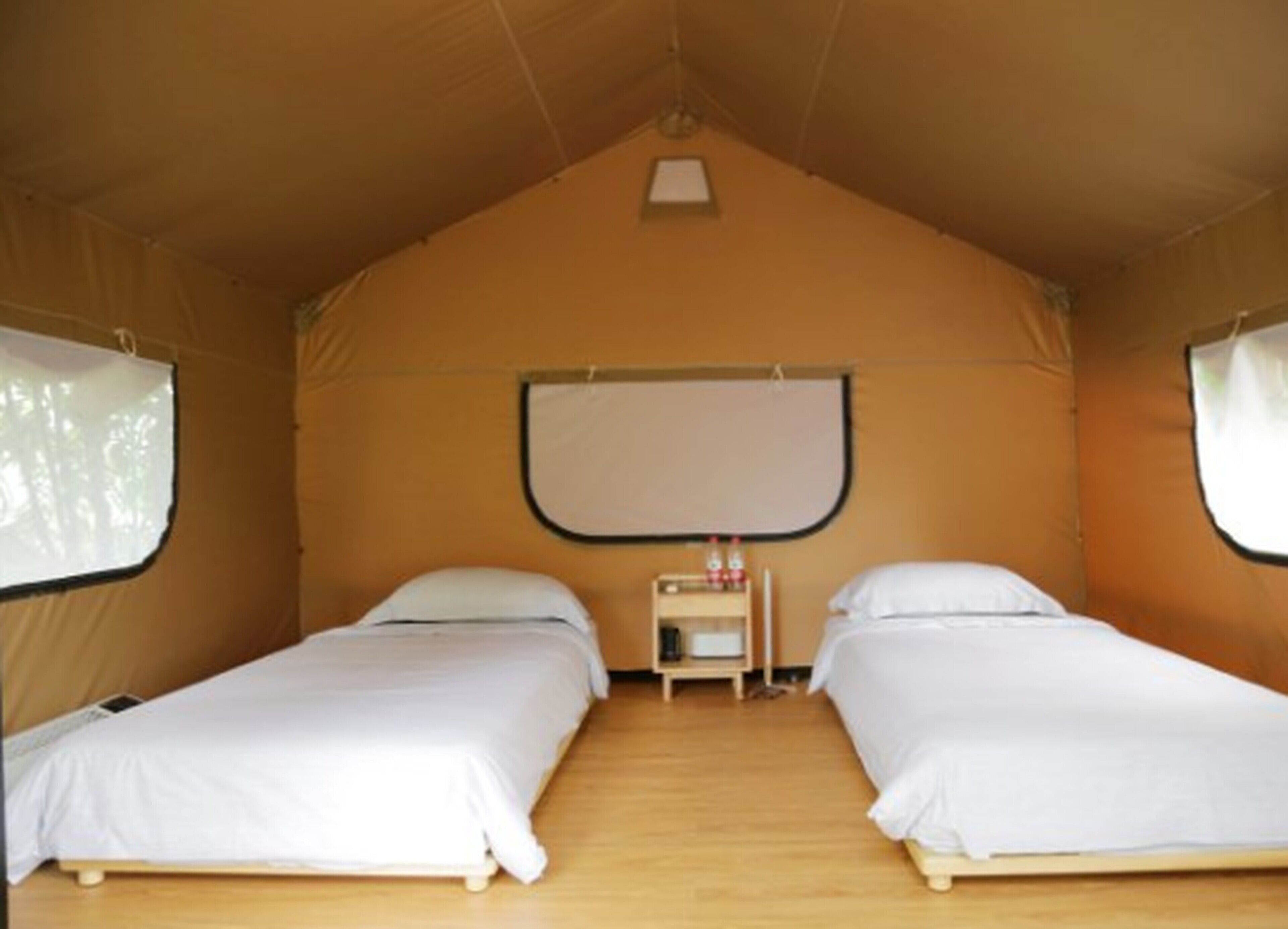 A tent with two beds, a small table, and a projector screen.