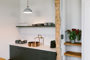 The Sacristy Suite | Private kitchen | Mini-fridge, coffee/tea maker, electric kettle - The Convent Hotel (Auckland)