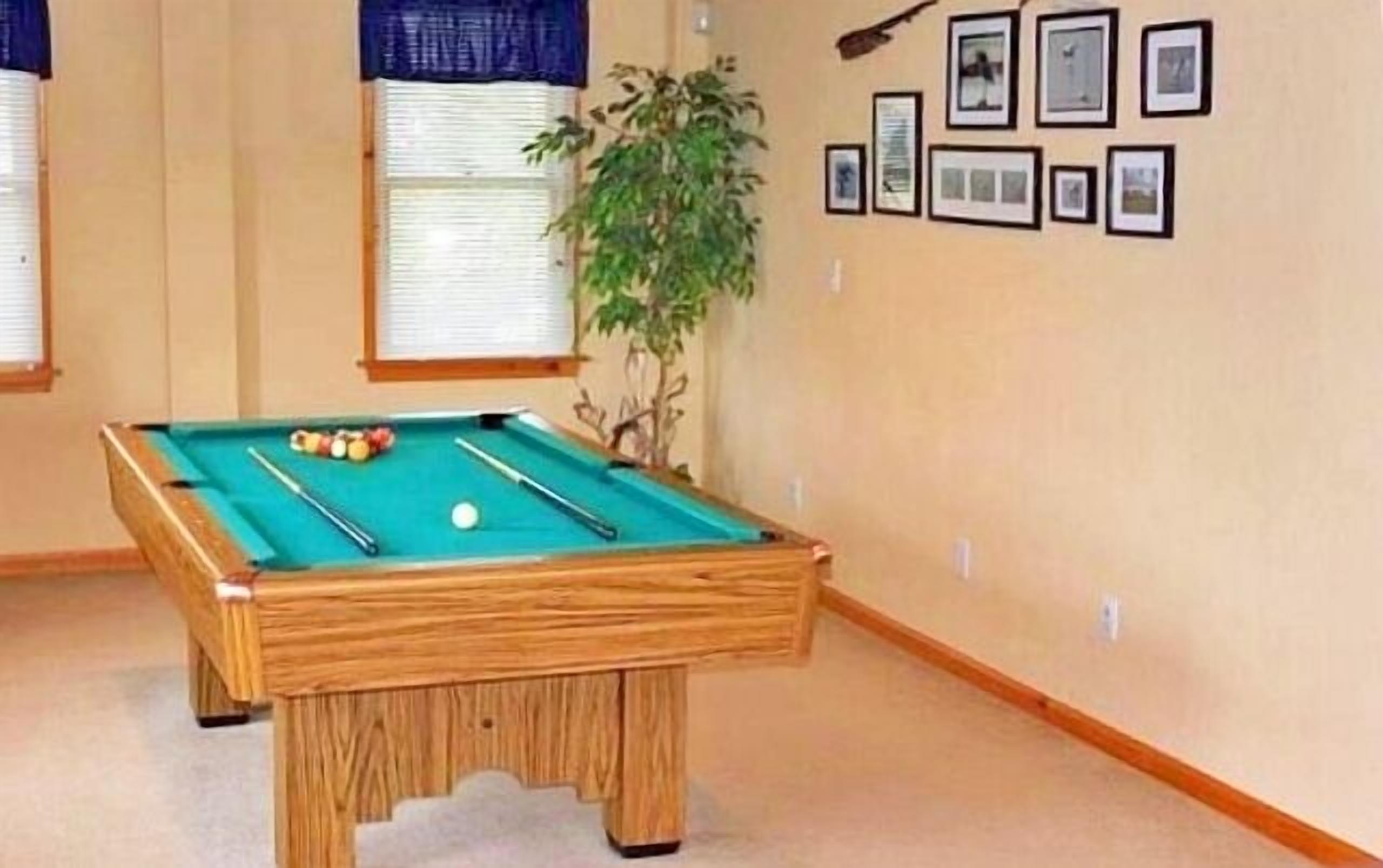 Taula de bitlles en una habitació amb parets beix, una planta en test i quadres penjats a la paret.