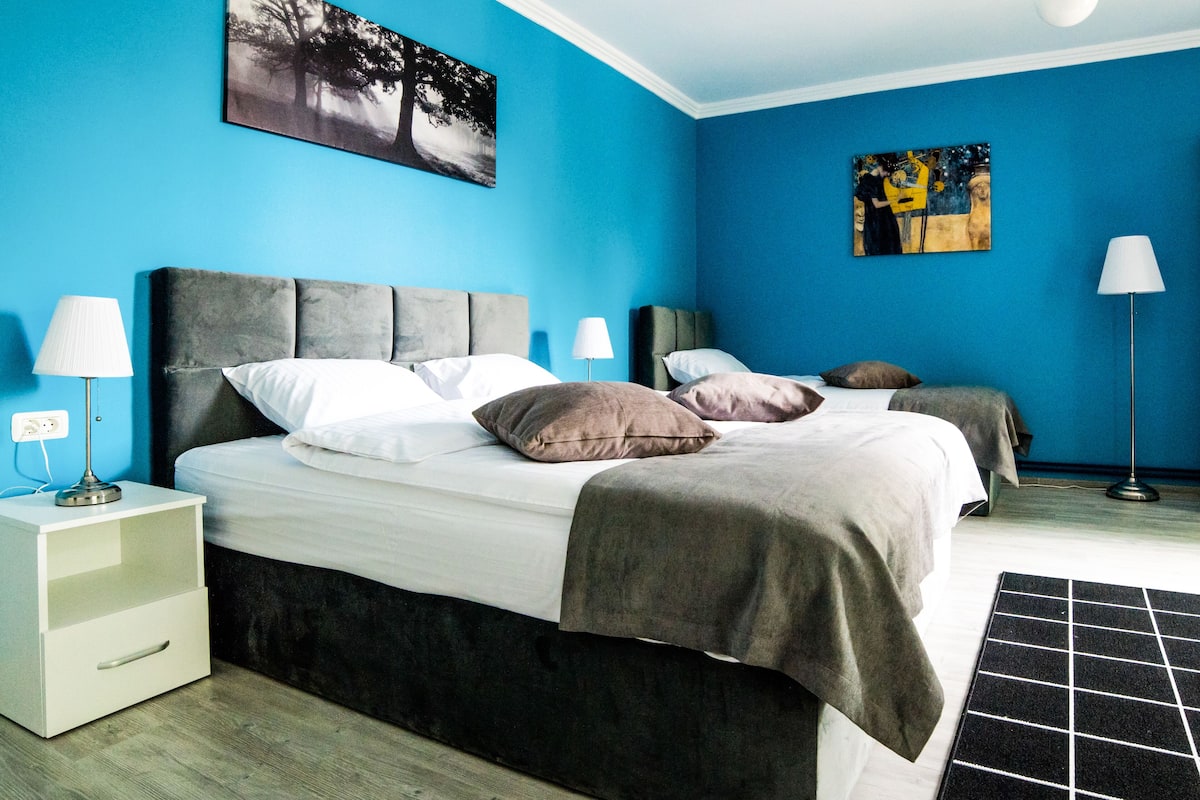 A modern bedroom with a large bed, bedside tables, and artwork on the walls.