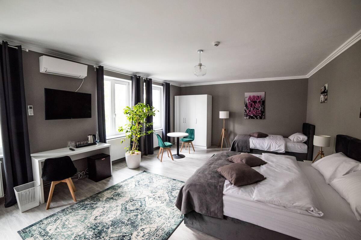 A modern hotel room with a large bed, a desk, a chair, a potted plant, and a television.
