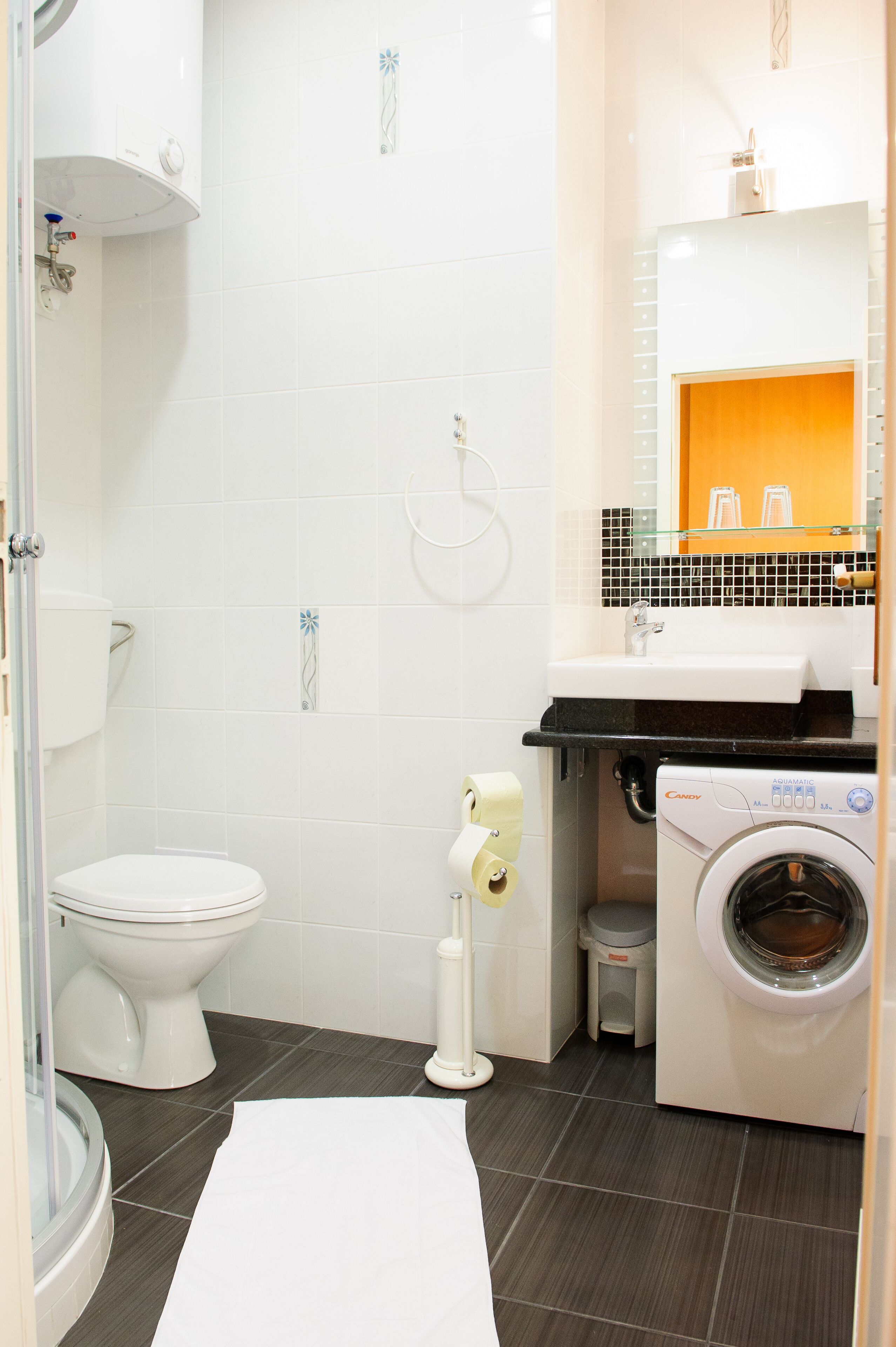 Hair dryer, slippers, towels, toilet paper