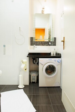 Hair dryer, towels, toilet paper