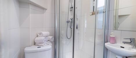 A modern bathroom with a glass-enclosed shower, a white toilet, and a sink with a mirror.