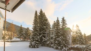 Un edificio rodeado de árboles cubiertos de nieve, bajo un cielo despejado y luz solar.