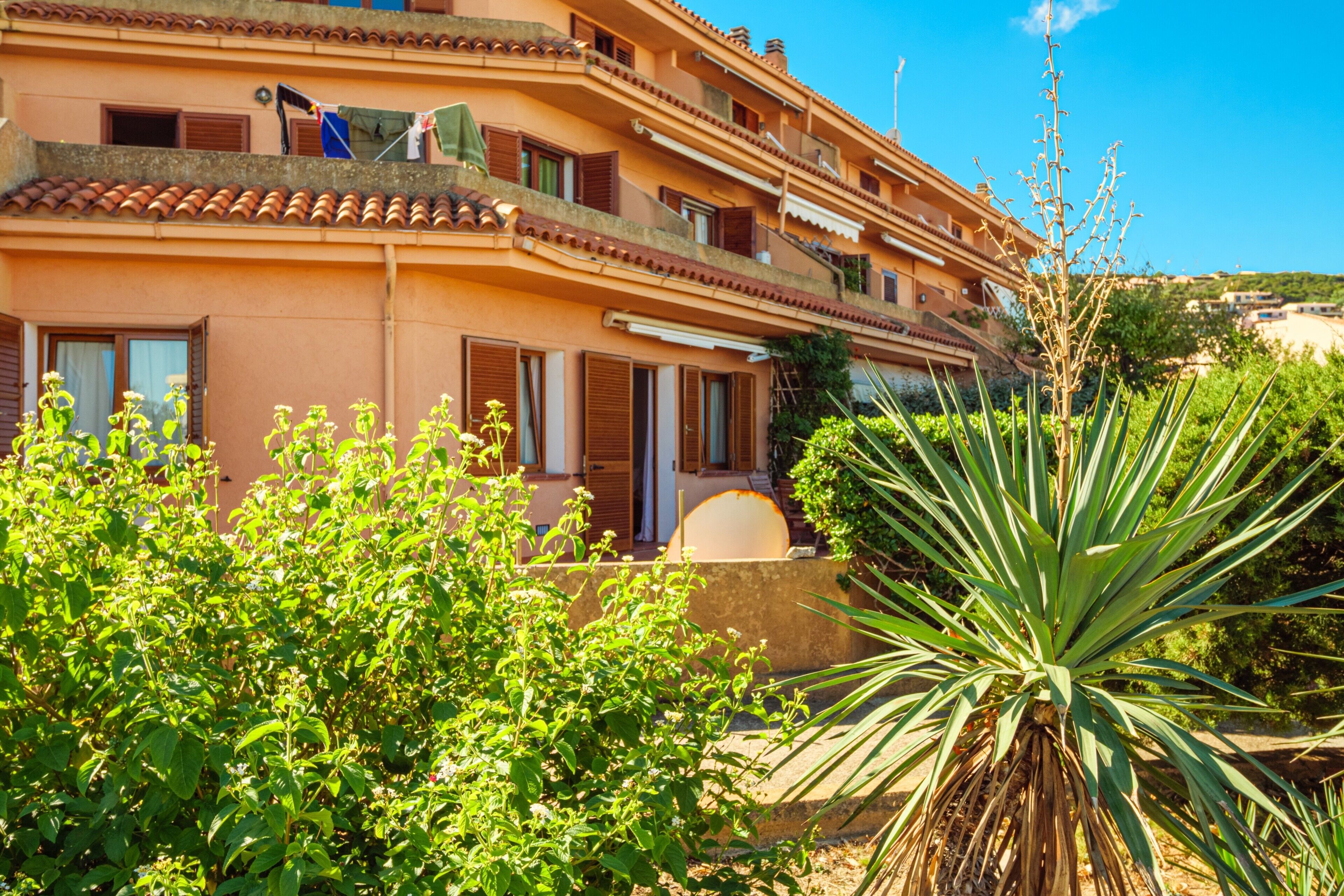 A multi-story building with balconies, a garden area with a large agave plant, and a clear blue sky.