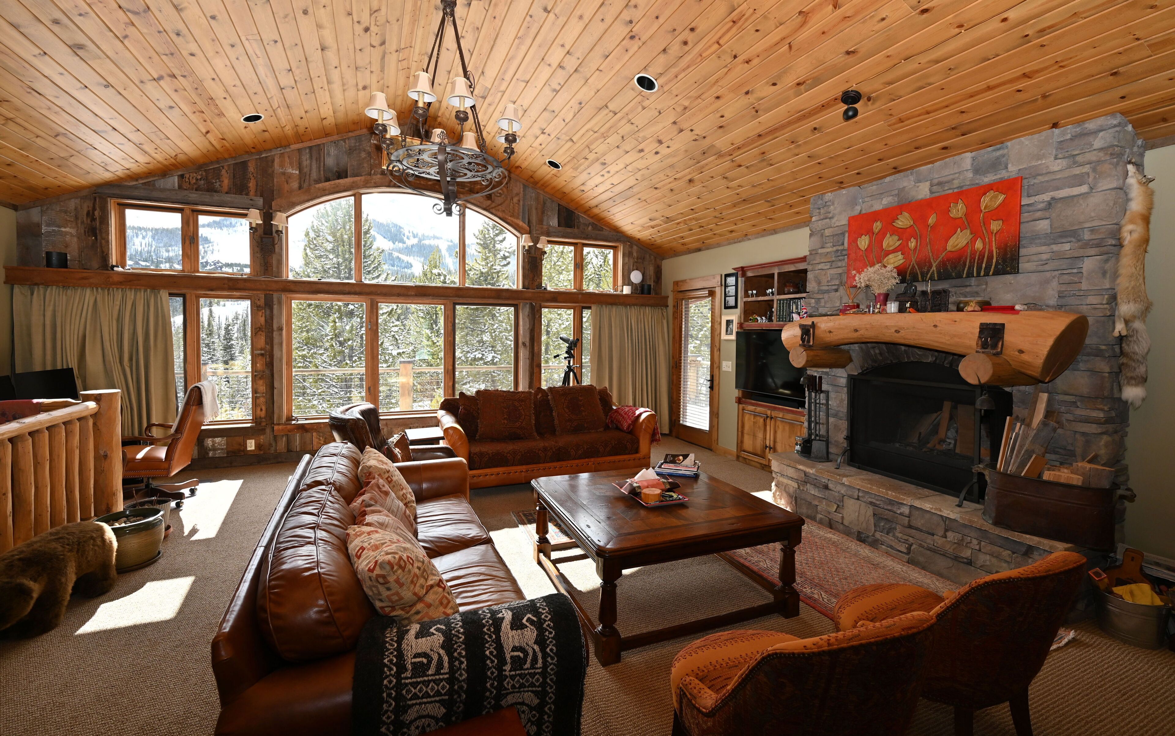 Smart-TV, Kamin, Bücher, Stereoanlage