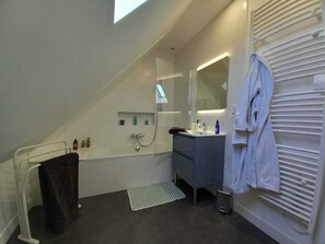 Combined shower/tub, hair dryer