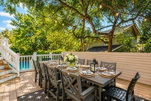 Outdoor dining - Beautiful 2nd Row Home, Steps to the Beach, Close to Coligny Private Pool Hot Tub (HIlton Head)