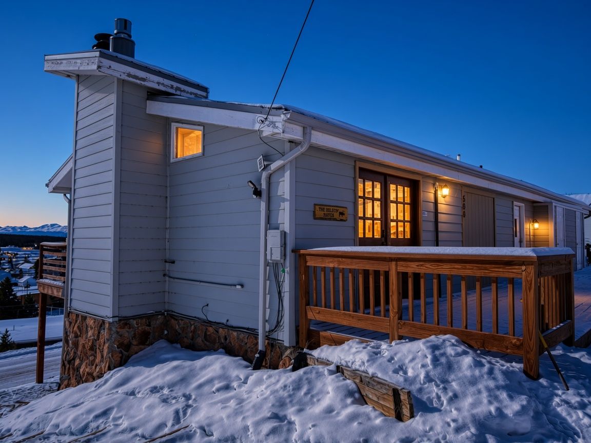 The home featuring a white exterior, a wooden deck, and a stone foundation accent. 
