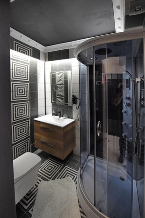 Ducha, cabezal de ducha tipo lluvia, secador de pelo, toallas