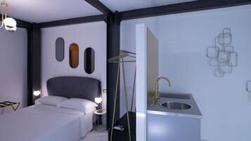 Ein modernes Schlafzimmer mit Bett, Nachttischlampen, einem Schminktisch mit Waschbecken und Wandspiegeln.