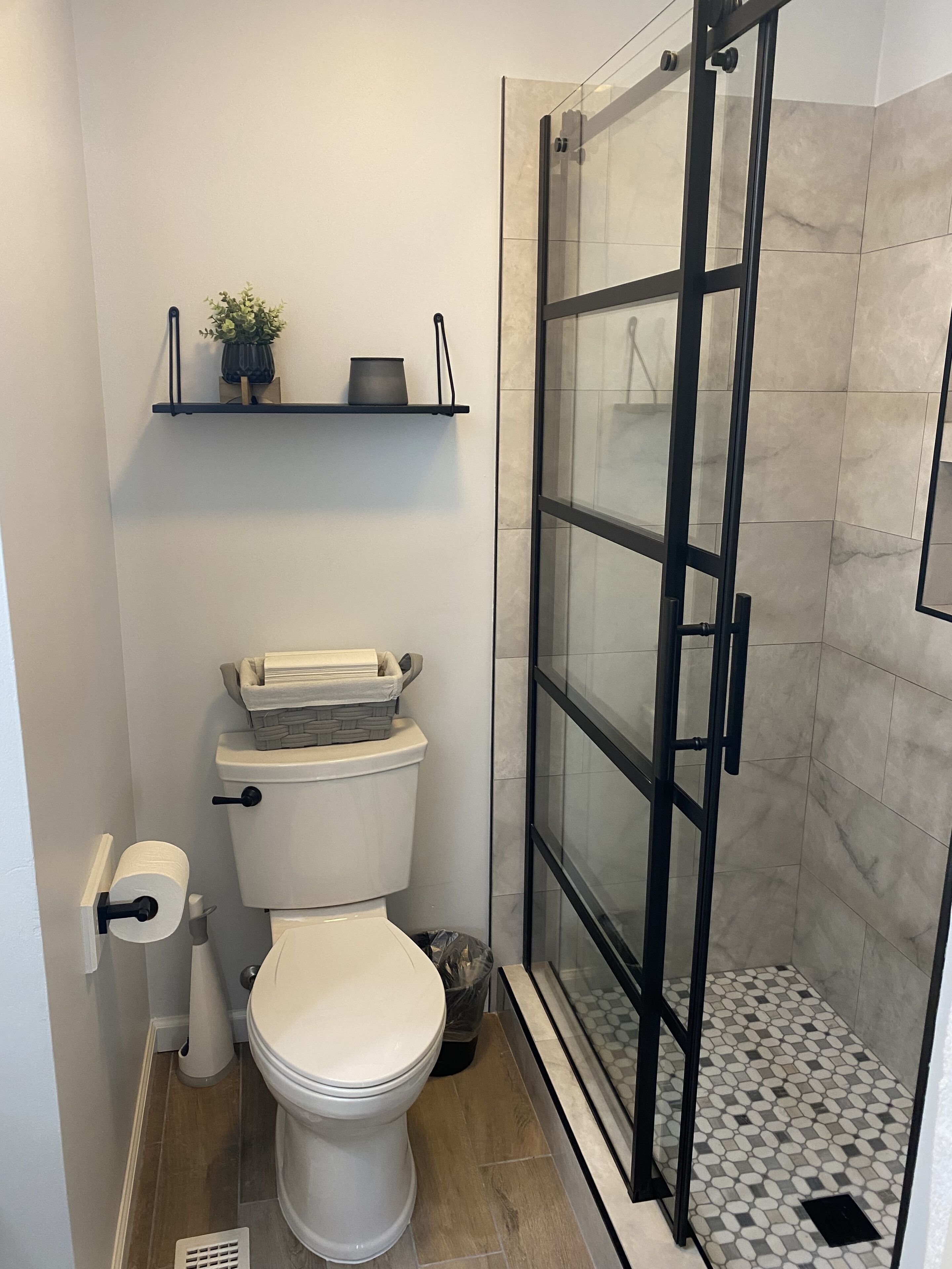 A modern bathroom with a toilet, a shower with a glass door, and a shelf with a plant and a container.