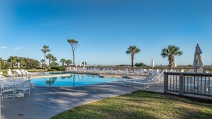 Un área de piscina con sillas de descanso y sombrillas, rodeada de palmeras.